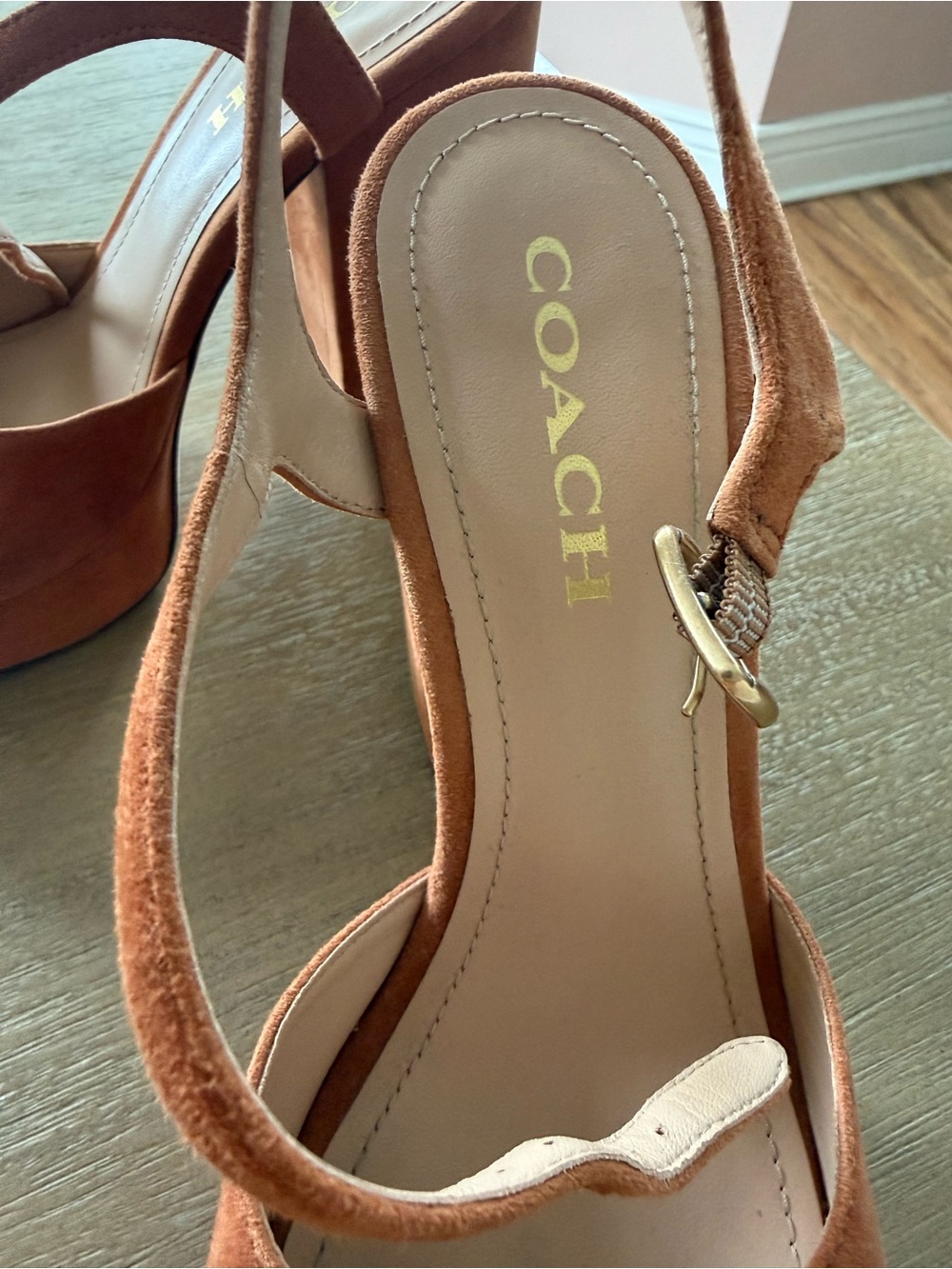 Coach Rust Suede Chain-Embellished Block Heel Sandals - Picture 4 of 10